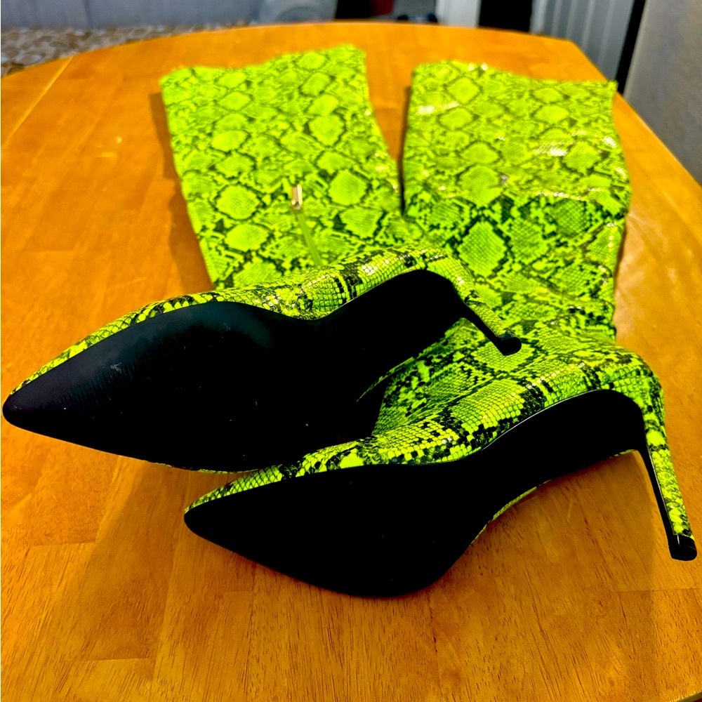 Thigh High Neon Green Snakeskin Stiletto Boots - Picture 4 of 5